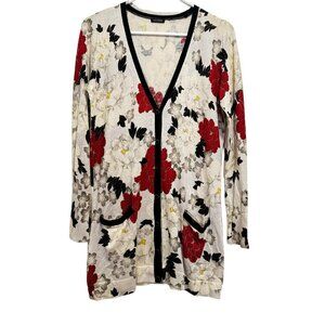 Magaschoni Womens Silk Cashmere Floral Long Cardigan Cream Red Black Knit S